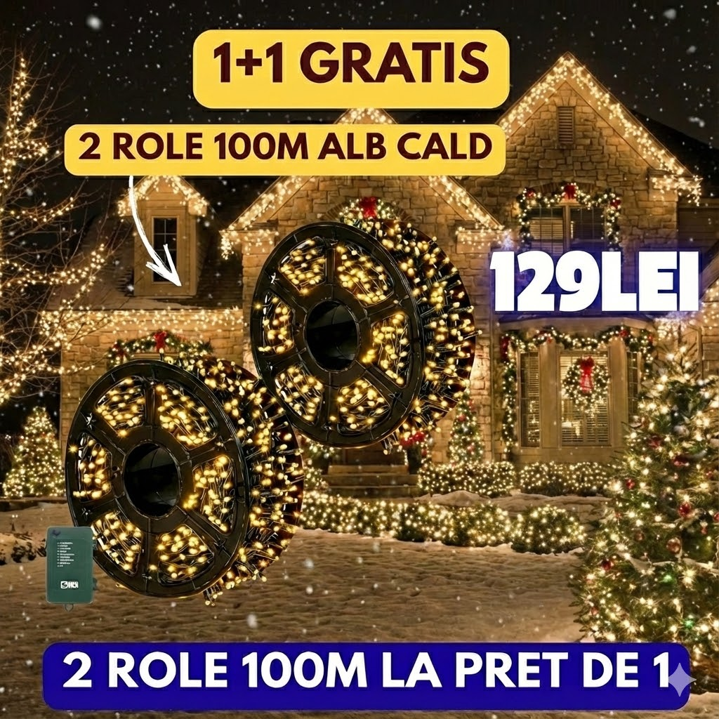 1+1 GRATIS: Instalatie de Craciun Liniara, Interior/Exterior, Rola 100 m, 8 Jocuri de Lumini, Alb Cald