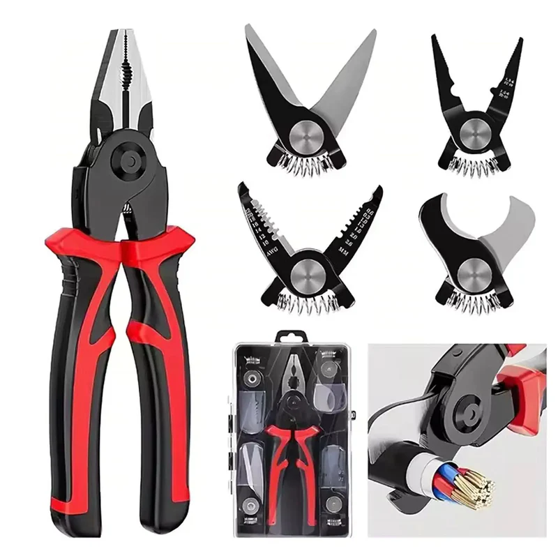 Clește multifuncțional 5 în 1 cu capete interschimbabile, Patent, Taietor Cablu, Dezizolator, Cleste Sertizare, Foarfeca de tabla, cap interschimbabil, maner ergonomic, izolat electric