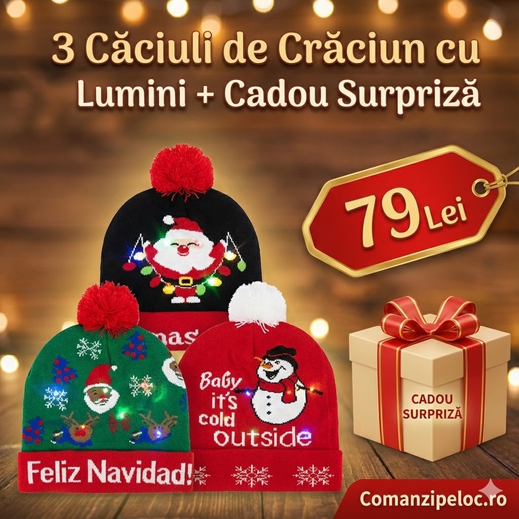 Set 3 caciuli de craciun cu lumini (diferite modele) + cadou surpriza