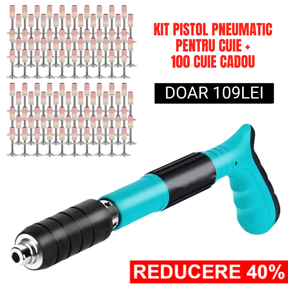 Kit Pistol Pneumatic pentru Cuie + 100 cuie CADOU – Fixare rapidă pe perete, lungime 30 cm, cu accesoriile incluse