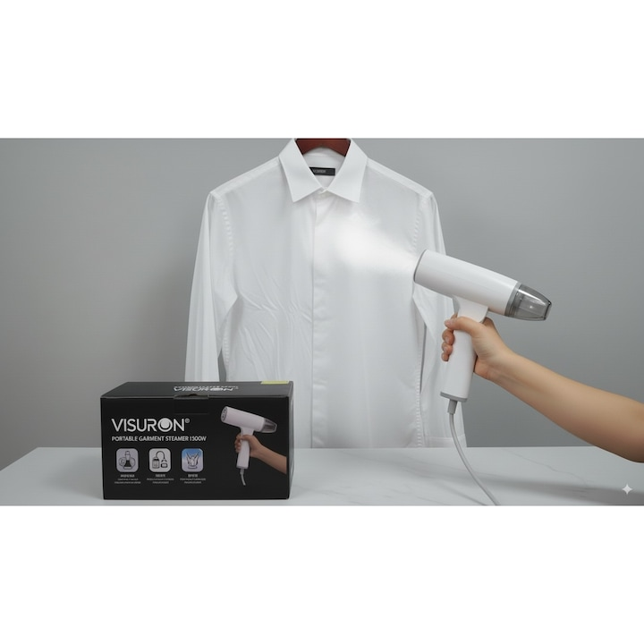 Fier De Calcat Portabil Cu Abur 1500W, Rezervor De Apa De 100ml, Incalzire Rapida In 30 Secunde, Jet Peternic De Abur, Pliabil, 220V, Panou Din Otel Inoxidabil, Alb