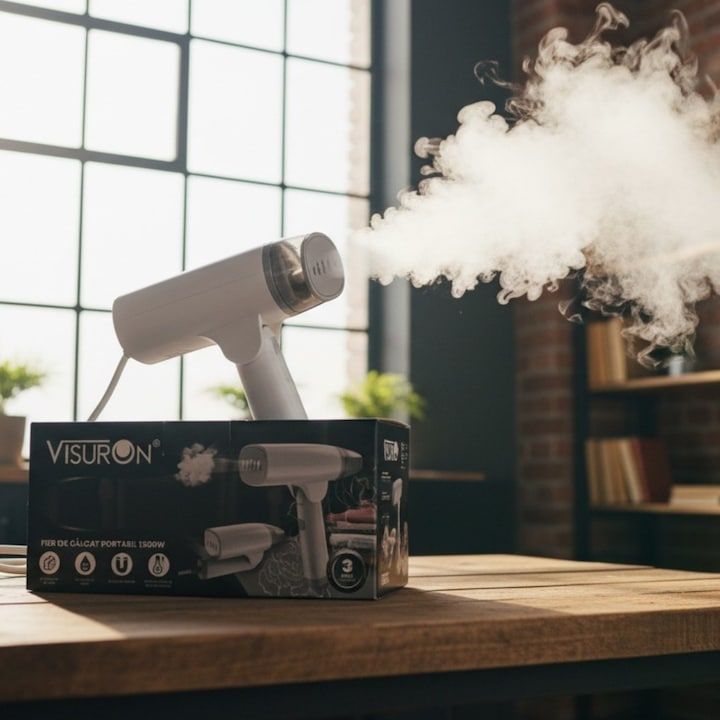 Fier De Calcat Portabil Cu Abur 1500W, Rezervor De Apa De 100ml, Incalzire Rapida In 30 Secunde, Jet Peternic De Abur, Pliabil, 220V, Panou Din Otel Inoxidabil, Alb