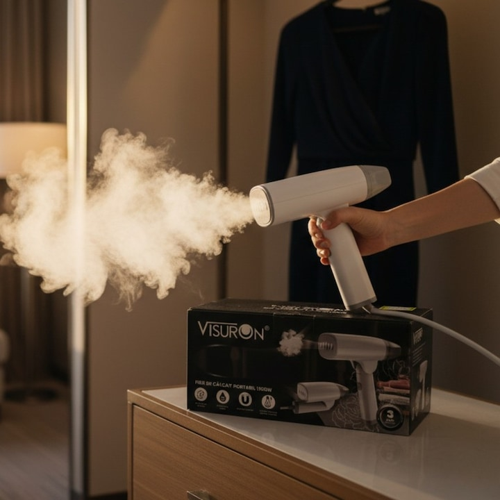 Fier De Calcat Portabil Cu Abur 1500W, Rezervor De Apa De 100ml, Incalzire Rapida In 30 Secunde, Jet Peternic De Abur, Pliabil, 220V, Panou Din Otel Inoxidabil, Alb