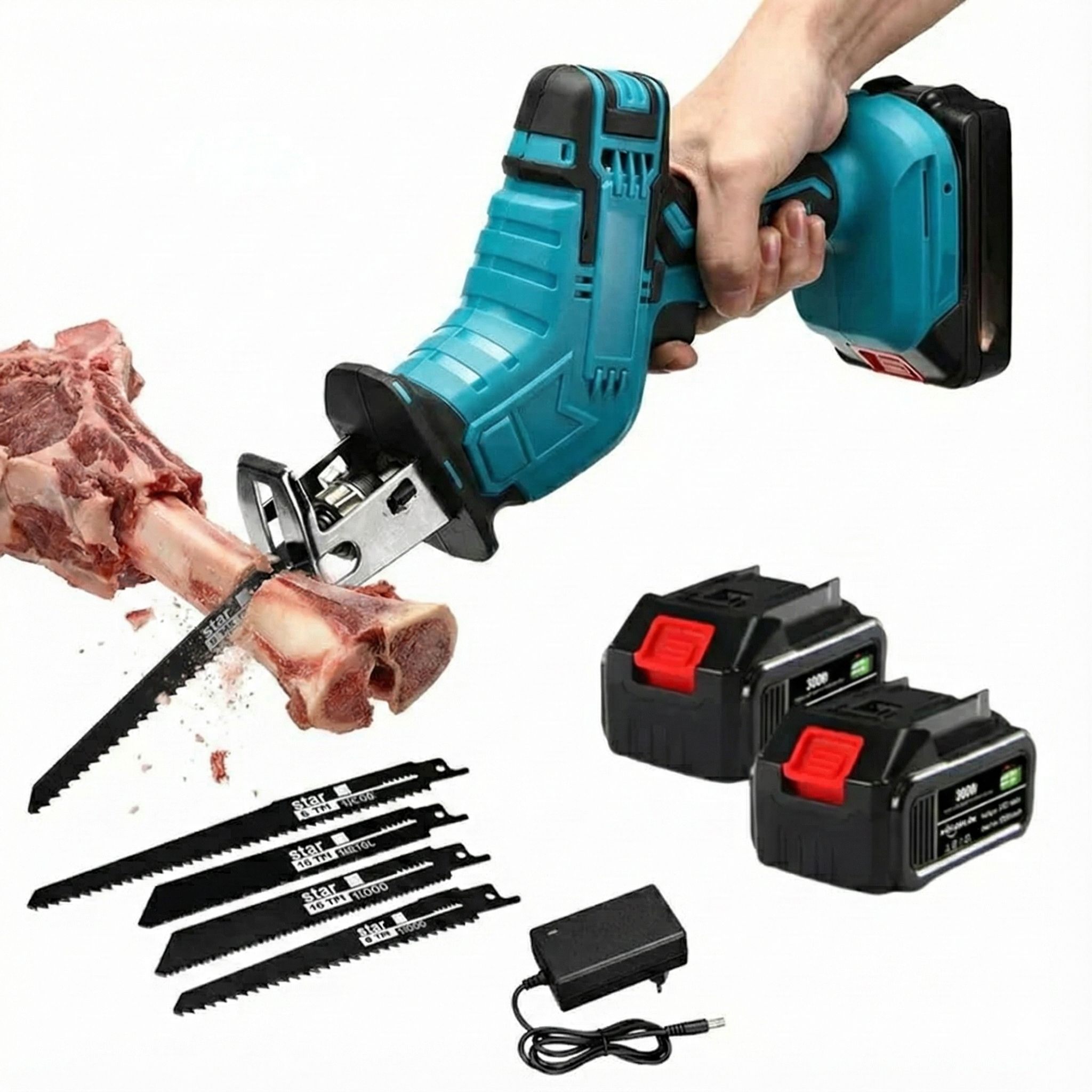 Fierastrau electric tip sabie pentru oase si carne, cu 2 acumulatori, 48V, 5 panze
