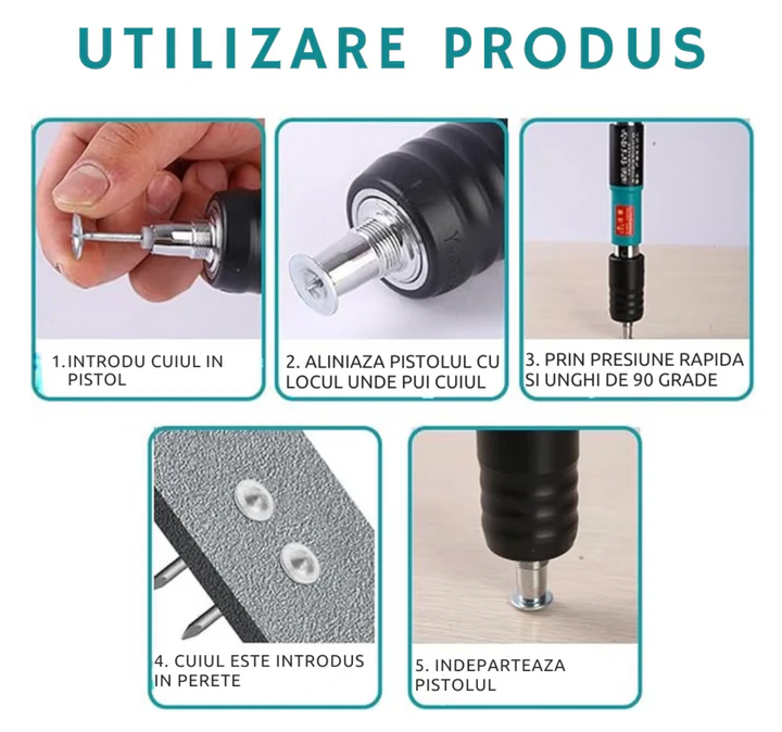 Kit Pistol Pneumatic pentru Cuie + 200 cuie CADOU – Fixare rapidă pe perete, lungime 30 cm, cu accesoriile incluse