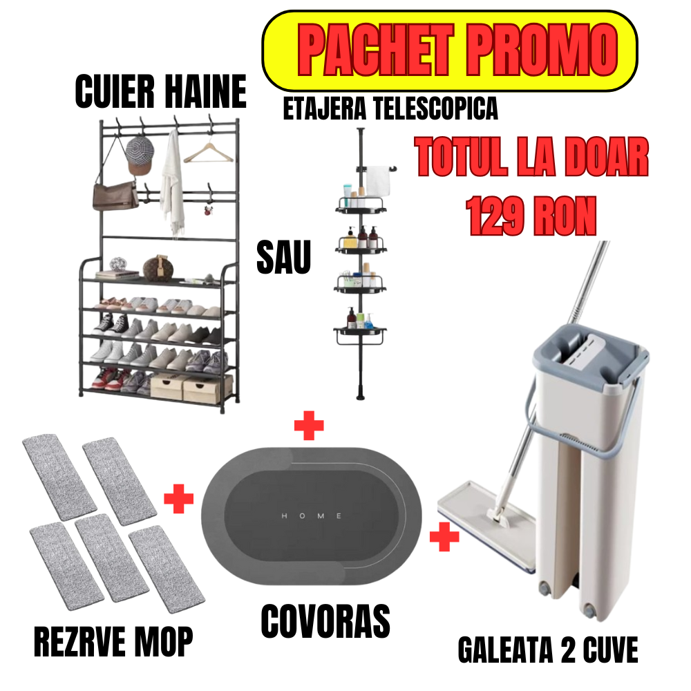 Etajera telescopica sau cuier haine + covoras baie + galeata 2 cuve + plus rezerve mop