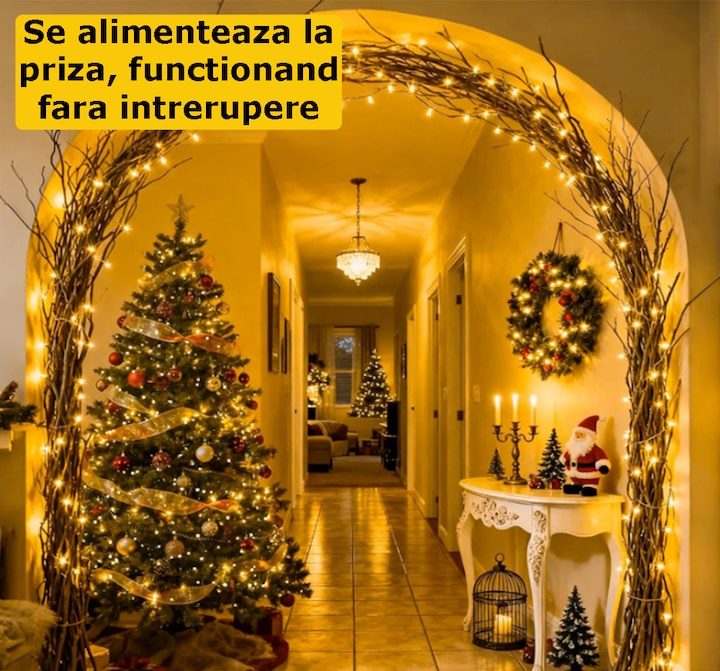 1+1 GRATIS: Instalatie de Craciun Liniara, Interior/Exterior, Rola 100 m, 8 Jocuri de Lumini, Alb Cald