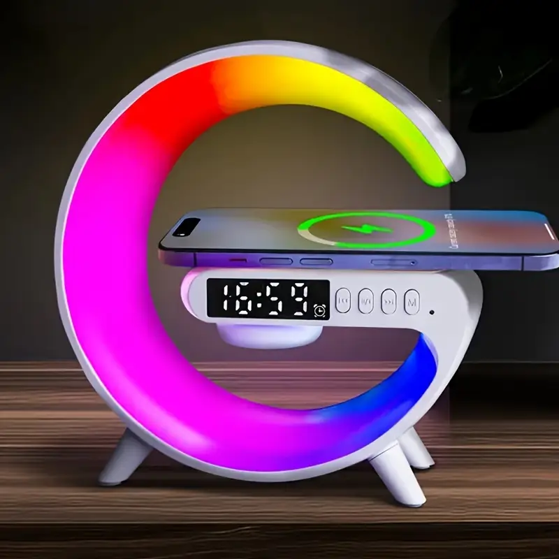 Boxa Multifunctionala 4 in 1 , Lampa LED RGB Smart,cu ceas, Boxa Bluetooth, Incarcator Telefon Wireless, Lumina RGB, Alb