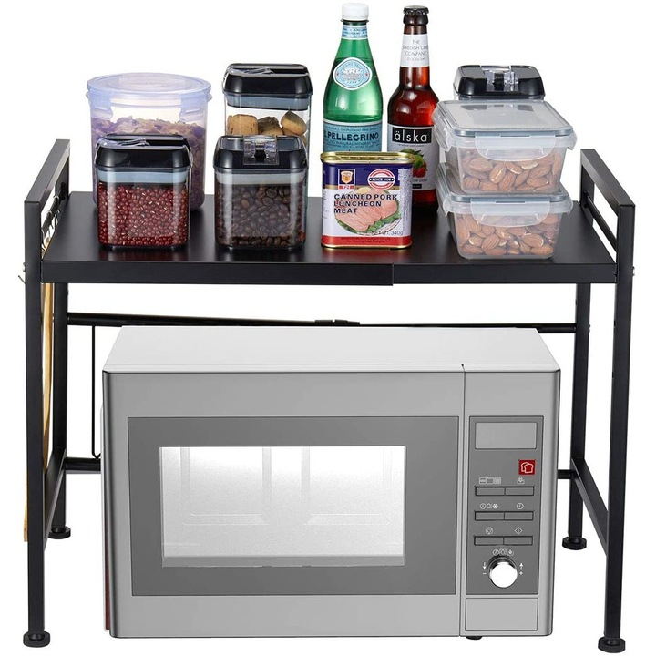 Raft metalic cuptor cu microunde, ajustabil, negru, 44-66 x 32 x 47 cm