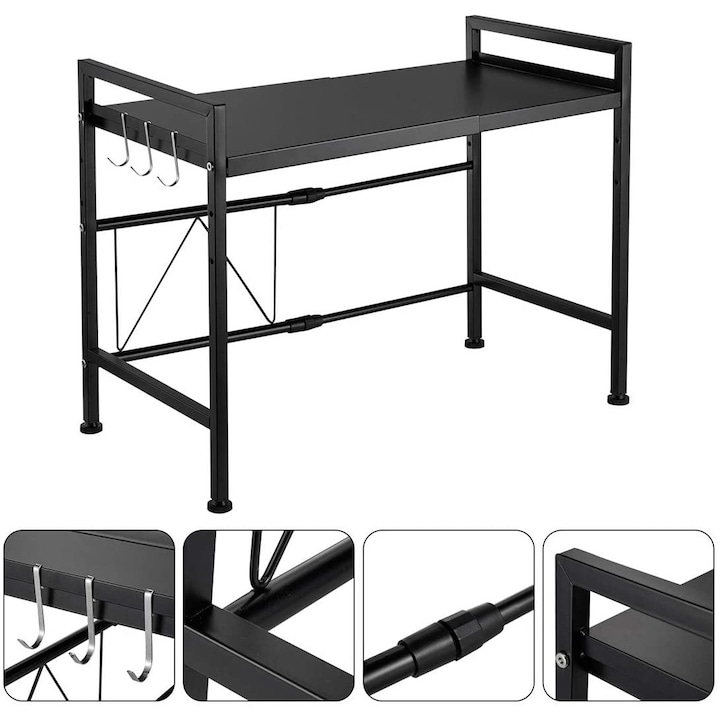 Raft metalic cuptor cu microunde, ajustabil, negru, 44-66 x 32 x 47 cm