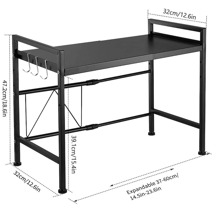 Raft metalic cuptor cu microunde, ajustabil, negru, 44-66 x 32 x 47 cm