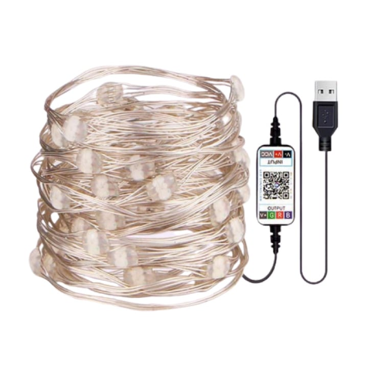 Instalație de Crăciun RGB cu control prin aplicație – 10 m, 100 becuri