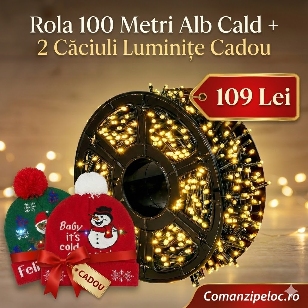 Rola instalatie de Craciun 100 metri alb cald + 2 caciuli luminite CADOU