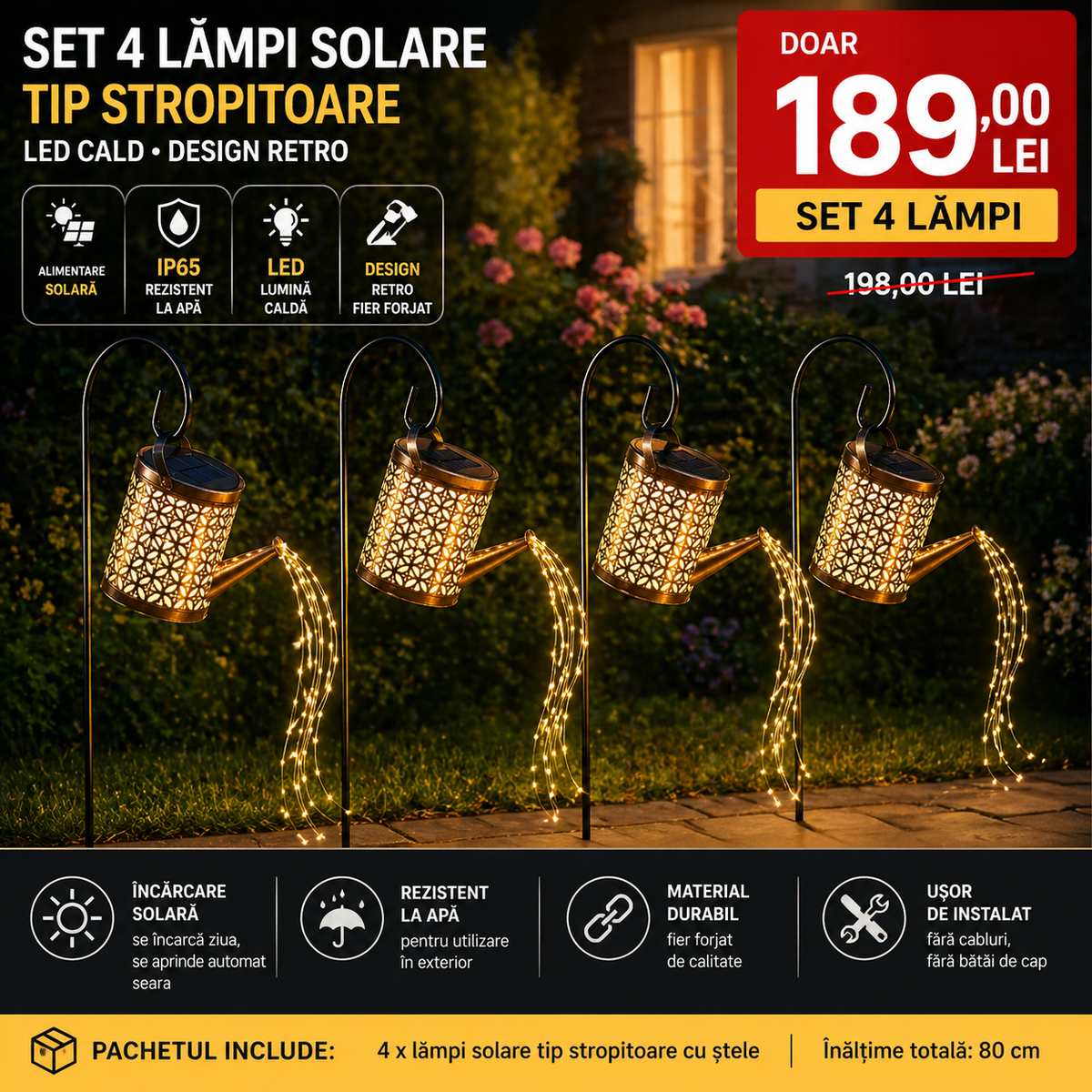 Set 4x Lămpi Solare LED Tip Stropitoare cu Stele, Fier Forjat, Design Retro, Proiecție Lumină Caldă, IP65, 80 cm
