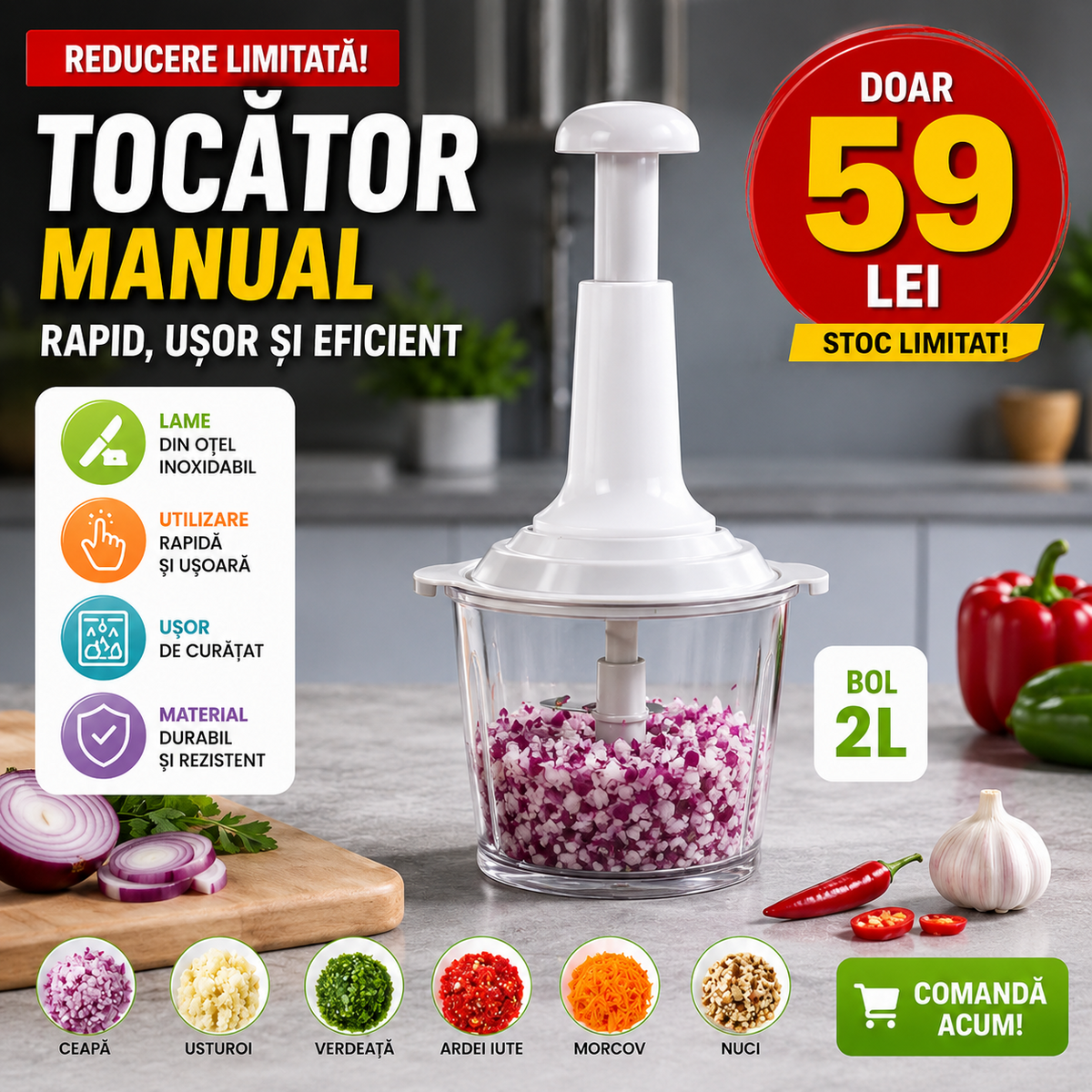 Tocator Manual Multifunctional 2L – Taiere Rapida Fara Curent, Lame Inox 304